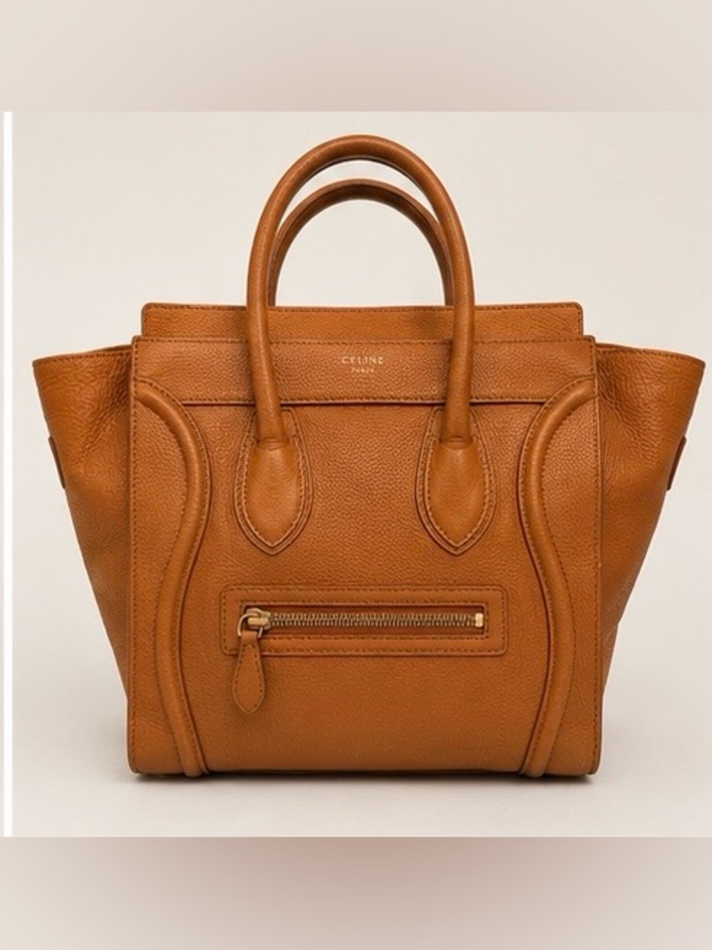CELINE Luggage Tote Cognac Brown Pebbled Leather Top Handle Bag
